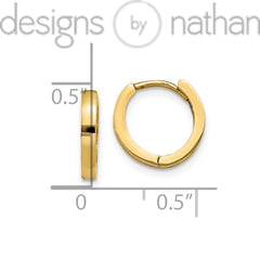 Designs by Nathan | Real Fine 14K Yellow Gold | Round Classic Hinged Huggie Hoop Earrings | 2 x 11 mm = ~ 1/16 x ~ 1/2 inches | 1.1 grams | Polished Flat Solid Snug Tiny for Women