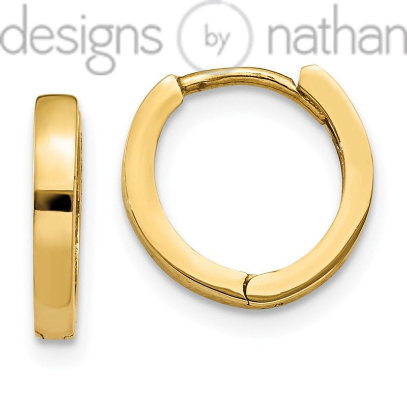 Designs by Nathan | Real Fine 14K Yellow Gold | Round Classic Hinged Huggie Hoop Earrings | 2 x 11 mm = ~ 1/16 x ~ 1/2 inches | 1.1 grams | Polished Flat Solid Snug Tiny for Women