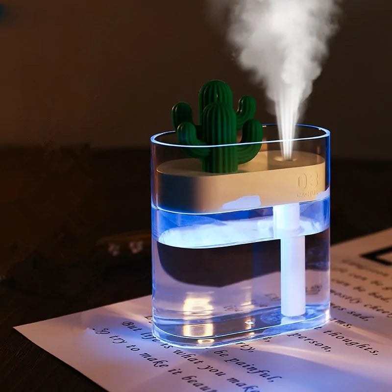 160ML Ultrasonic Air Humidifier with Light, Anion Mist Maker, Clear with Green Cactus USB