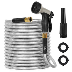 100 Foot Stainless Steel Garden Hose with 2 Nozzles Included - Total 16 Spray Patterns, Anti-Crush, Continuous Water No Kinking, PVC Inner Tube, Rugged Versatility